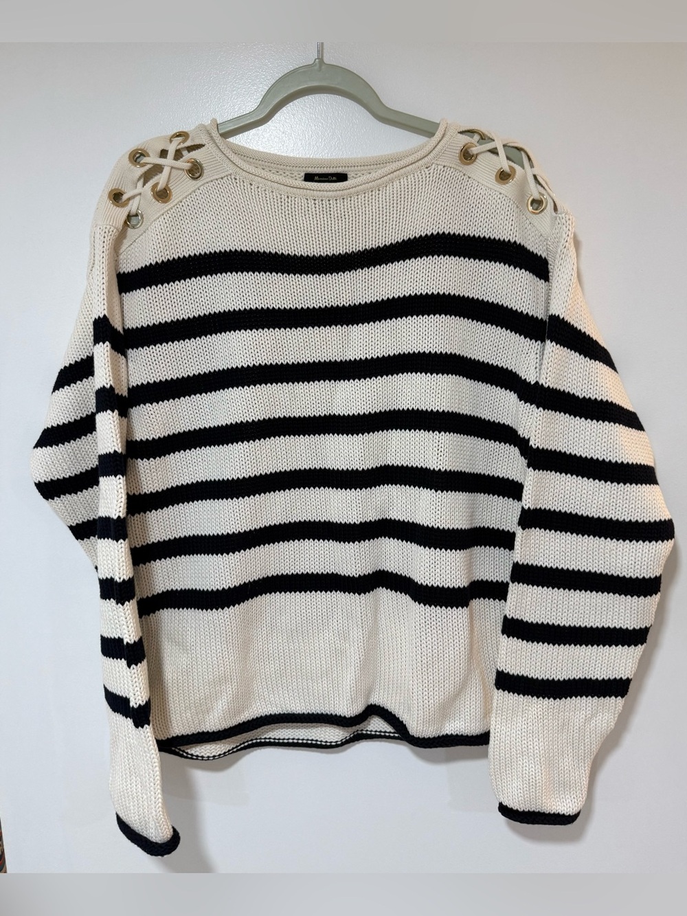 Massimo Dutti Cream & Black Striped Lace-Up Shoulder Sweater
